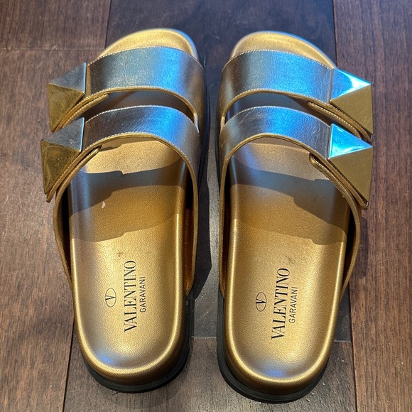 Valentino Women Metallic Gold Slide Sandals - Picture 2 of 6